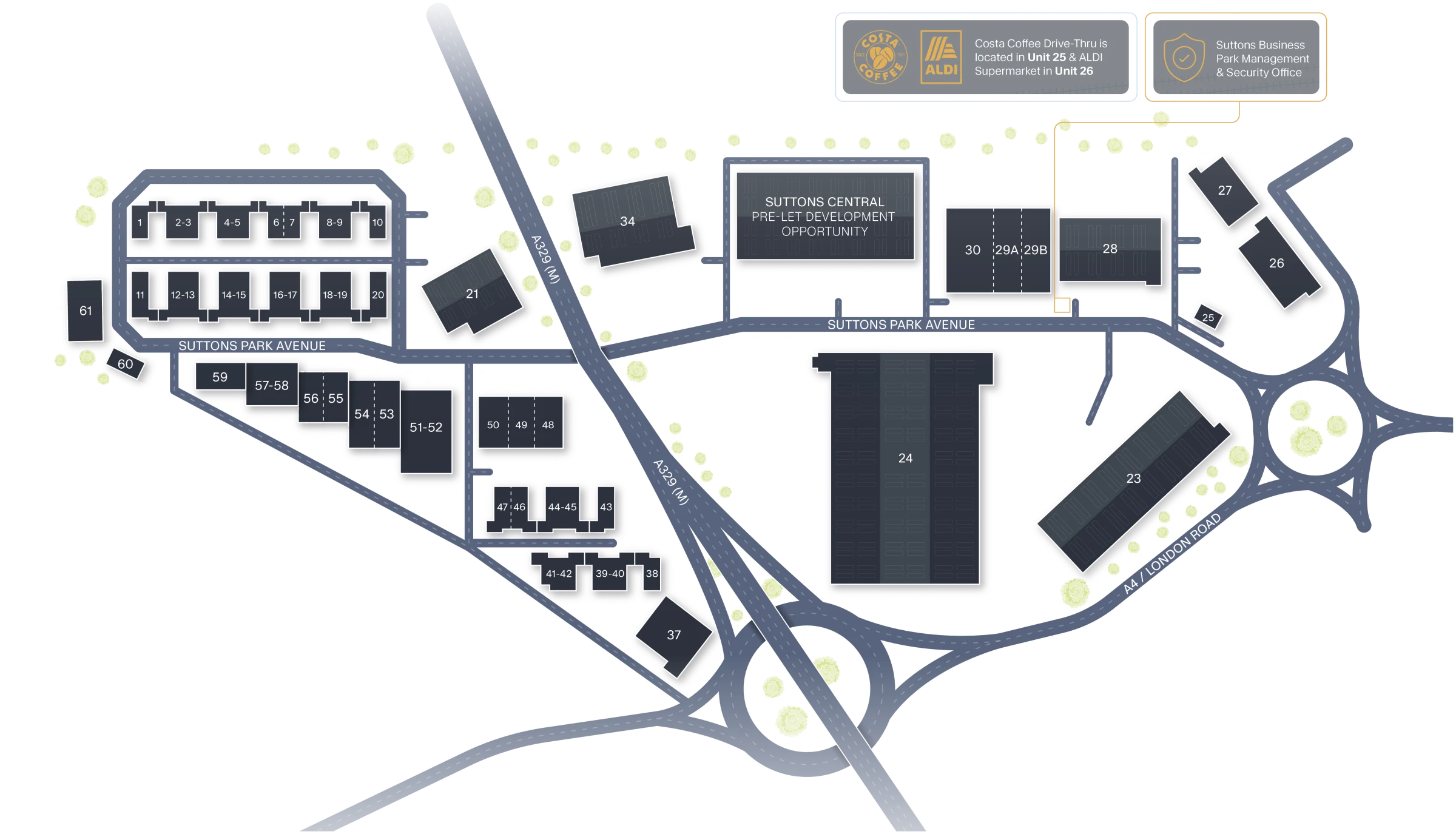 Site plan of Suttons Business Park showing every unit, Suttons Park Avenue and the A329 (M) and A4 London Road approaches